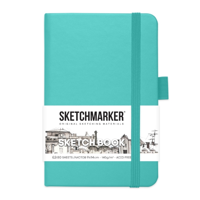 Блокнот для зарисовок Sketchmarker 140г/кв.м 9*14см 80л твердая обложка Аквамарин