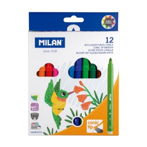 Набор фломастеров MILAN  12 цветов на водной основе конусообразный наконечник в картонной упаковке с европодвесом