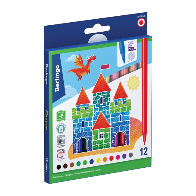 Фломастеры Berlingo "Замки", 12цв., смываемые, картон, европодвес Фломастеры Berlingo "Замки", 12цв., смываемые, картон, европодвес