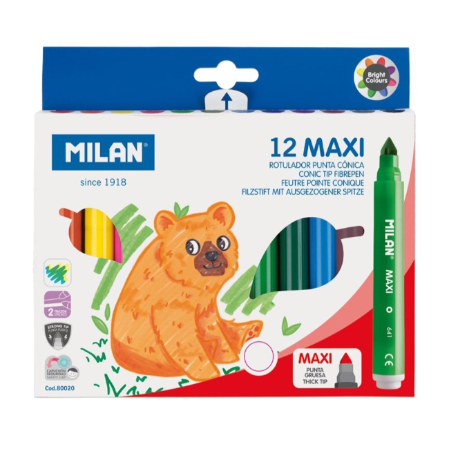 Набор фломастеров MILAN MAXI на водной основе 12 цветов  в картонной упаковке с европодвесом