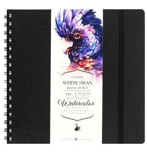 Скетчбук Малевичъ для акварели "White Swan", черный, Fin, 200 г/м, 21х21, 30л