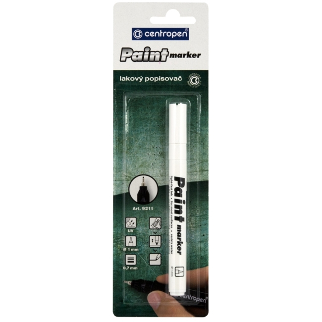 Маркер-краска Centropen "Paint Marker 9211", белая, игольчатый, 0,7 мм, лаковый, блистер Маркер-краска Centropen "Paint Marker 9211", белая, игольчатый, 0,7 мм, лаковый, блистер