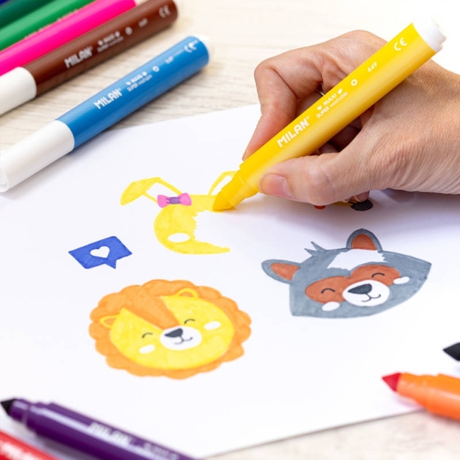 Набор фломастеров MILAN MAXI на водной основе легкосмываемые 12 цветов в картонной упаковке с европодвесом