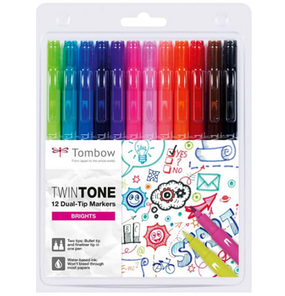 Набор двусторонних маркеров-линеров Tombow Twin Tone Brights 12 (насыщенные) купить в художественном магазине ArtCraft.Space с доставкой по РФ и СНГ