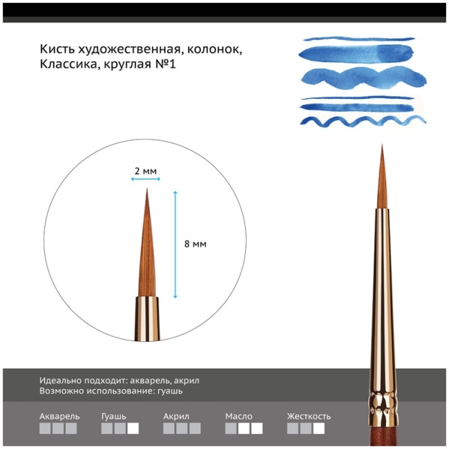 Кисть художественная колонок Гамма "Классика", круглая №1 Кисть художественная колонок Гамма "Классика", круглая №1