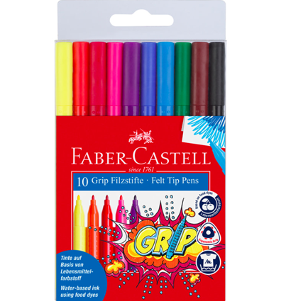 Фломастеры смываемые Faber-Castell Grip для детей трёхганные набор 10 цветов купить в магазине маркеров и товаров для скетчинга ArtCraft.Space с доставкой по РФ и СНГ