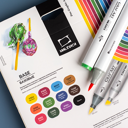 Набор спиртовых маркеров Малевичъ GrafArt Brush, Базовый 12 цветов,