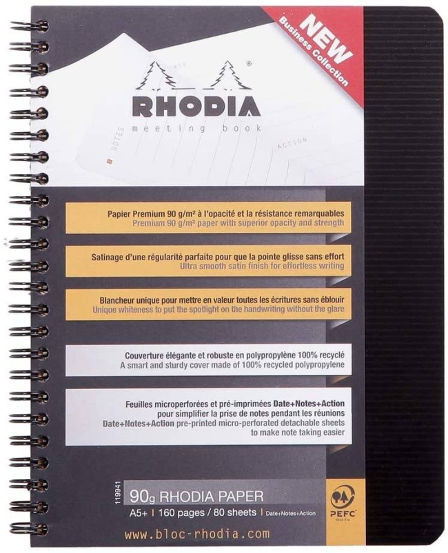 Ежедневник Rhodiactive, 160х210 мм, черный, ПП обложка, линейка 80л, белый, микроперф., 90г/м2, спир,