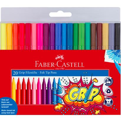 Фломастеры смываемые Faber-Castell Grip для детей трёхганные набор 20 цветов купить в магазине маркеров и товаров для скетчинга ArtCraft.Space с доставкой по РФ и СНГ