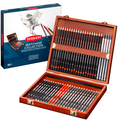 Набор карандашей Derwent Sketching Collection 48 штук в деревянном кейсе (простые + цветные) купить в фирменном магазине для художников ArtCraft.Space с доставкой по РФ и СНГ