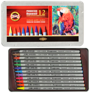 Карандаши акварельные Koh-I-Noor "Progresso", 12 цв., заточен., в лаке, без дерева, метал. пенал.