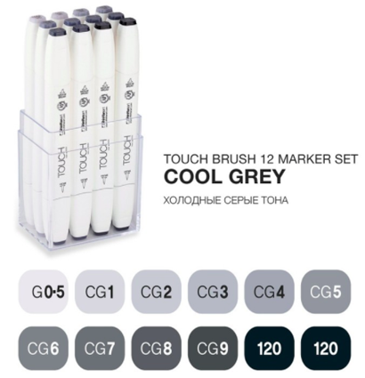 Купить набор маркеров для скетчинга Touch Brush 12 штук холодные серые тона в магазине товаров для скетчинга ArtCraft.Space с доставкой по РФ