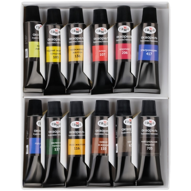 Акварель художественная Гамма "Старый мастер", 12цв., туба 9мл, картон. упаковка Акварель художественная Гамма "Старый мастер", 12цв., туба 9мл, картон. упаковка