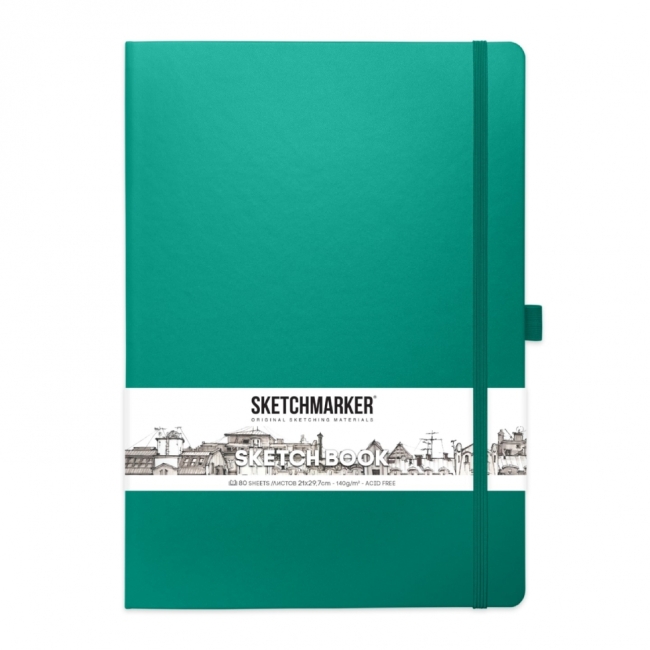 Блокнот для зарисовок Sketchmarker 140г/кв.м 21*29.7см 80л твердая обложка Изумрудный