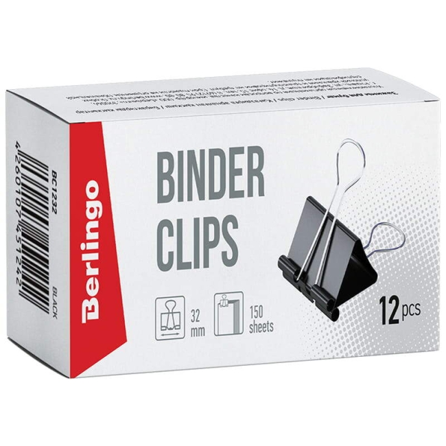 Зажимы для бумаги или скетчбука Berlingo 12 штук размер 32 мм (чёрные) купить в магазине ArtCraft.Space с доставкой по всему миру