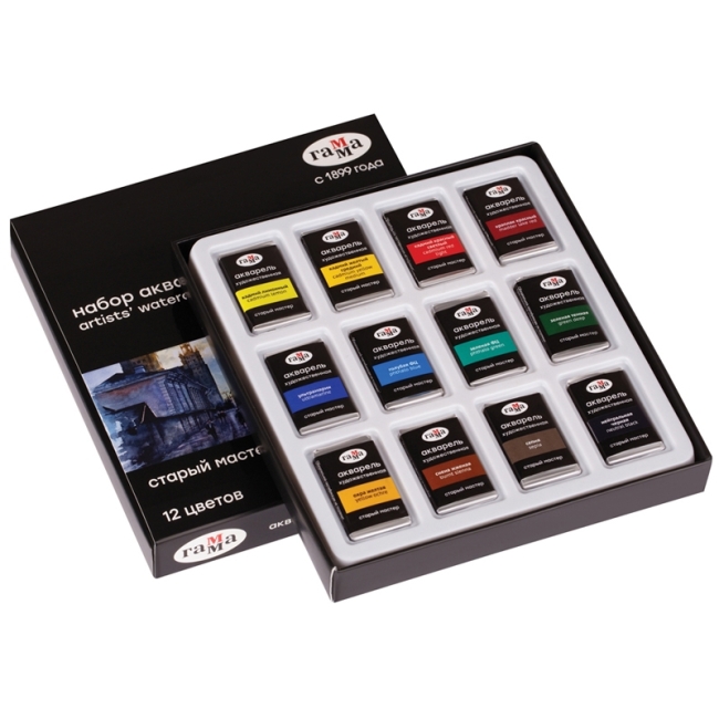 Акварель художественная Гамма "Старый Мастер", 12цв.*2,6мл, кюветы, картон Акварель художественная Гамма "Старый Мастер", 12цв.*2,6мл, кюветы, картон