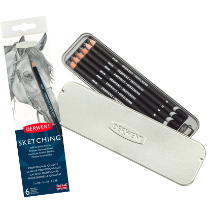 Набор чернографитных карандашей Derwent Sketching 6 штук с точилкой в пенале купить в магазине товаров для рисования и графики ArtCraft.Space с доставкой по РФ и СНГ