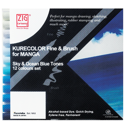Купить набор маркеров для скетчей ZIG Kurecolor Fine & Brush 12 Set Sky & Ocean Blue Tones (сине-голубые) в магазине маркеров и товаров для скетчинга ArtCraft.Space