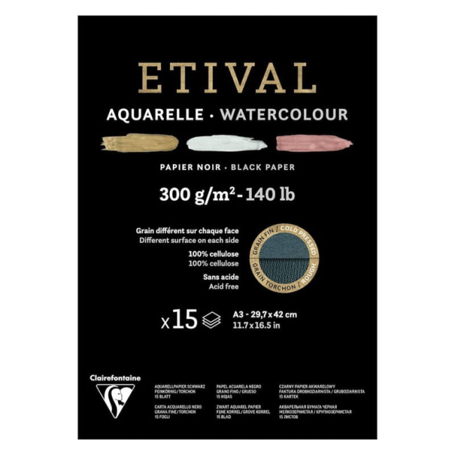 Бумага для акварели черная Etival ClaireFontaine торшон склейка А3 / 15 листов / 300 гм купить в художественном магазине ArtCraft.Space