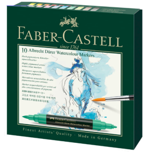 Набор акварельных пигм. маркеров Faber-Castell "Albrecht Durer" 10цв., двухстор., кистев./пулевид.