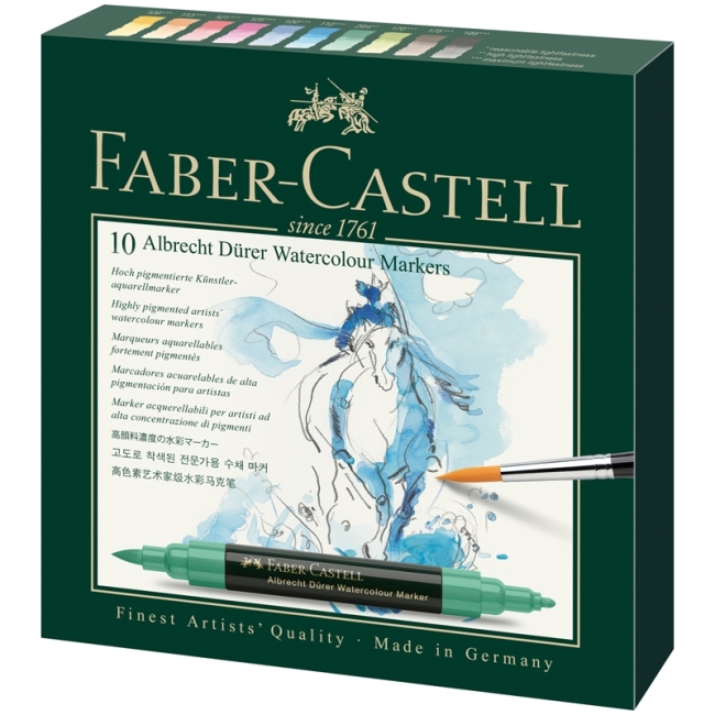 Набор акварельных пигм. маркеров Faber-Castell "Albrecht Durer" 10цв., двухстор., кистев./пулевид. Набор акварельных пигм. маркеров Faber-Castell "Albrecht Durer" 10цв., двухстор., кистев./пулевид.