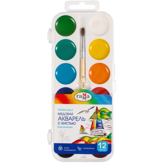 Акварель Гамма "Классическая" медовая полусухая 12 цветов в кейсе с кистью купить в художественном магазине ArtCraft.Space с доставкой по всему миру