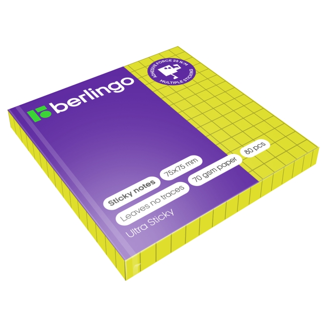 Самоклеящийся блок Berlingo "Ultra Sticky", 75*75мм, 80л., в клетку, зеленый неон