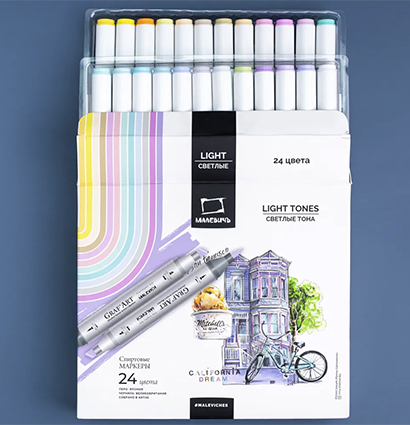 Набор спиртовых маркеров Малевичъ GrafArt Brush, Светлые тона 24 цвета,