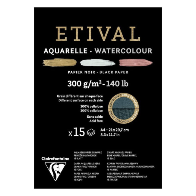 Бумага для акварели черная Etival ClaireFontaine торшон склейка А4 / 15 листов / 300 гм купить в художественном магазине ArtCraft.Space