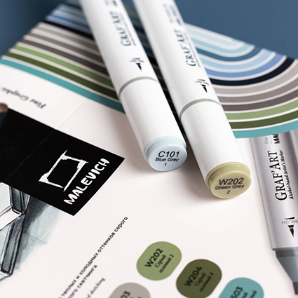 Набор спиртовых маркеров Малевичъ GrafArt Brush, Серые 12 цветов,