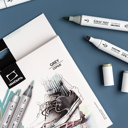 Набор спиртовых маркеров Малевичъ GrafArt Brush, Серые 12 цветов,