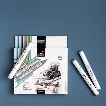 Набор спиртовых маркеров Малевичъ GrafArt Brush, Серые 12 цветов,