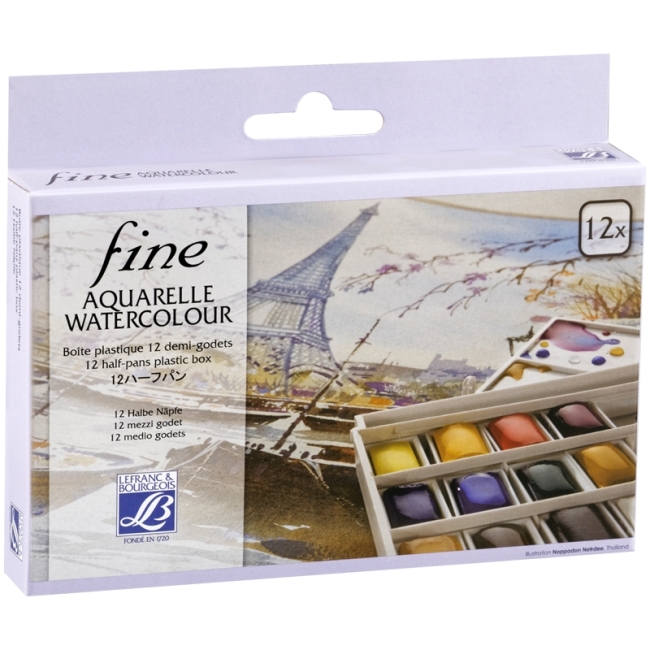 Набор акварели Lefranc&Bourgeois "Fine Watercolours", 12 полукювет, пластик. коробка