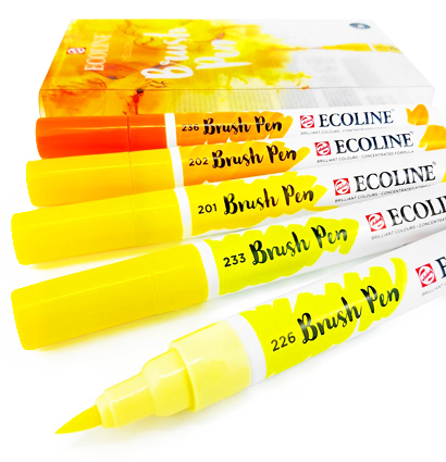 Акварельные маркеры Ecoline Brush Pen в наборе 5 Yellow (желтые) купить для акварельного скетчинга в магазине ArtCraft.Space с доставкой по РФ и СНГ