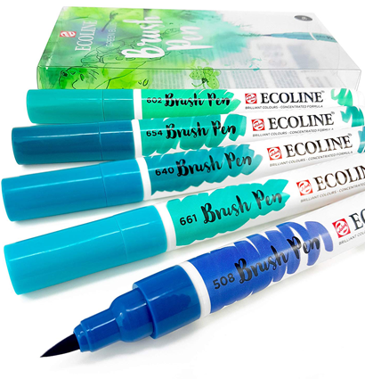 Акварельные маркеры Ecoline Brush Pen в наборе 5 Green/Blue (сине-зеленые) купить для акварельного скетчинга в магазине маркеров ArtCraft.Space  с доставкой по РФ