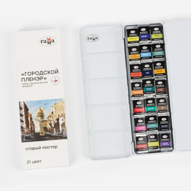 Акварель художественная Гамма "Старый Мастер" IWS "Городской пленэр", 21цв*2,6мл, кюветы, метал. коробка Акварель художественная Гамма "Старый Мастер" IWS "Городской пленэр", 21цв*2,6мл, кюветы, метал. коробка
