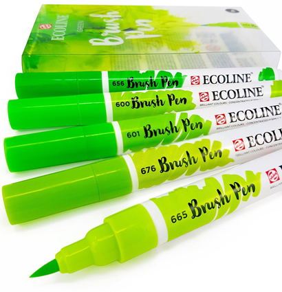 Акварельные маркеры Ecoline Brush Pen в наборе 5 Green (зеленые) купить для акварельного скетчинга в магазине ArtCraft.Space с доставкой по РФ и СНГ