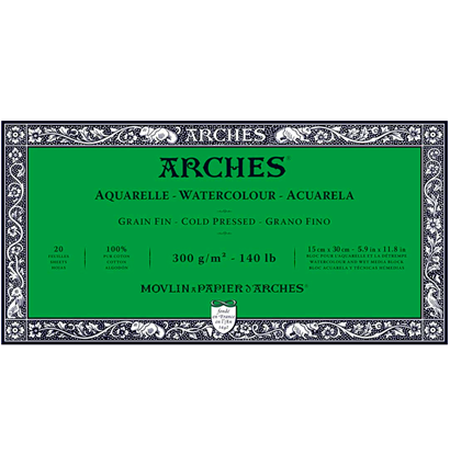 Arches Aquarelle Fin блок бумаги для акварели из хлопка 15х30см / 20 листов / 300 гм (среднезернистая) купить в художественном магазине ArtCraft.Space с доставкой по РФ и СНГ