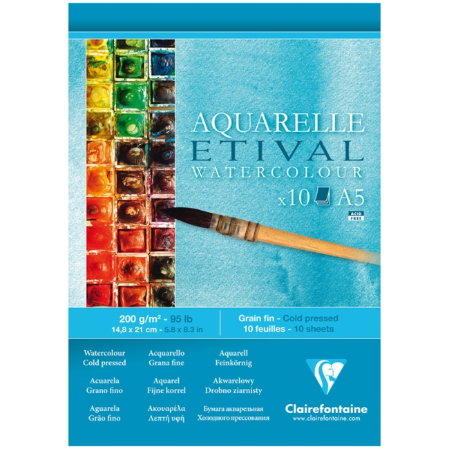 Альбом для акварели, 10л., А5, на склейке Clairefontaine "Etival", 200г/м2, холодное прессование