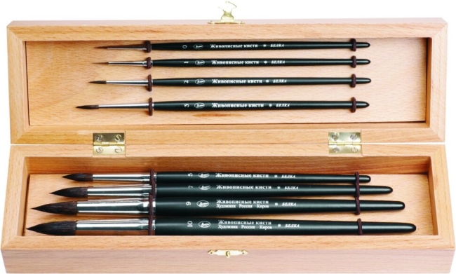 Набор кистей для рисования Roubloff №9 белка круглые 8 штук в деревянной шкатулке купить в художественном магазине ArtCraft.Space с доставкой по РФ и СНГ