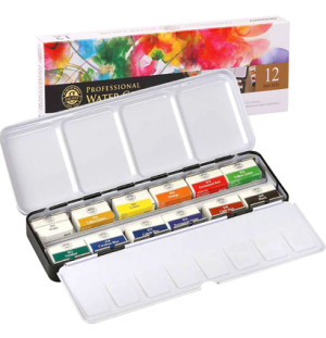 Профессиональные акварельные краски 12 цветов стандартные кюветы в металлической коробке