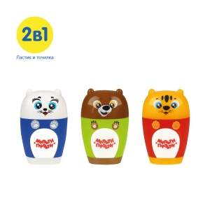 Точилка пластиковая с ластиком Мульти-Пульти "Зверята" 1 отверстие, контейнер, ассорти