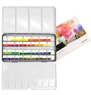 Профессиональные акварельные краски 24 цвета стандартные кюветы в металлической коробке