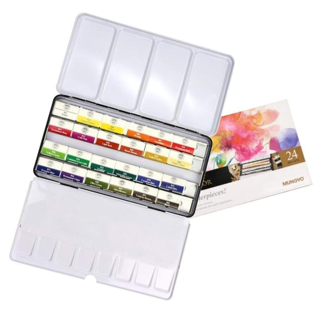 Профессиональные акварельные краски 24 цвета стандартные кюветы в металлической коробке