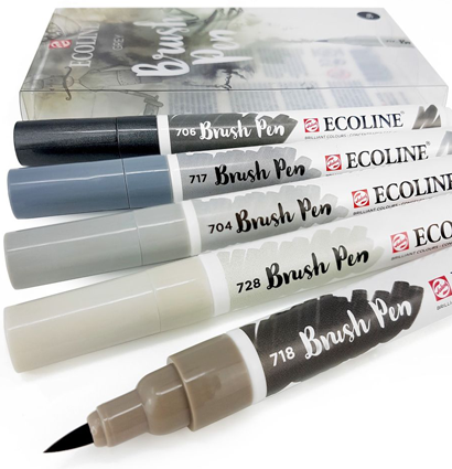 Акварельные маркеры Ecoline Brush Pen в наборе 5 Grey (серые) купить для акварельного скетчинга в магазине маркеров ArtCraft.Space с доставкой по РФ и СНГ
