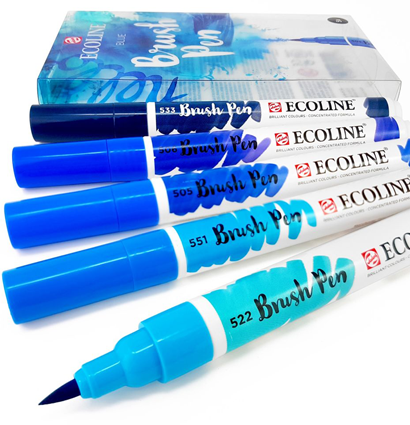 Акварельные маркеры Ecoline Brush Pen в наборе 5 Blue (синие) купить для акварельного скетчинга в магазине маркеров и товаров для скетчинга ArtCraft.Space с доставкой по РФ и СНГ