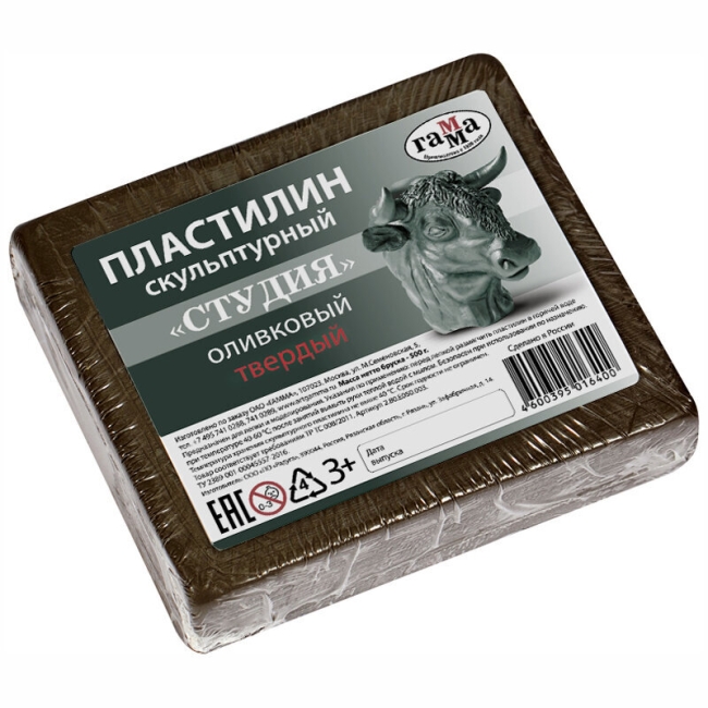 Пластилин скульптурный Гамма "Студия", оливковый, твердый, 500г, пакет