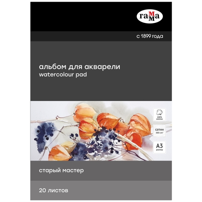 Альбом для акварели, 20л., А3, склейка с 4-х сторон Гамма "Старый Мастер", 300г/м2, сатин, 100% хлопок Альбом для акварели, 20л., А3, склейка с 4-х сторон Гамма "Старый Мастер", 300г/м2, сатин, 100% хлопок