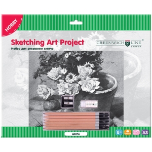 Набор для рисования скетча Greenwich Line "Цветы" , A3, карандаши, ластик, точилка, картон