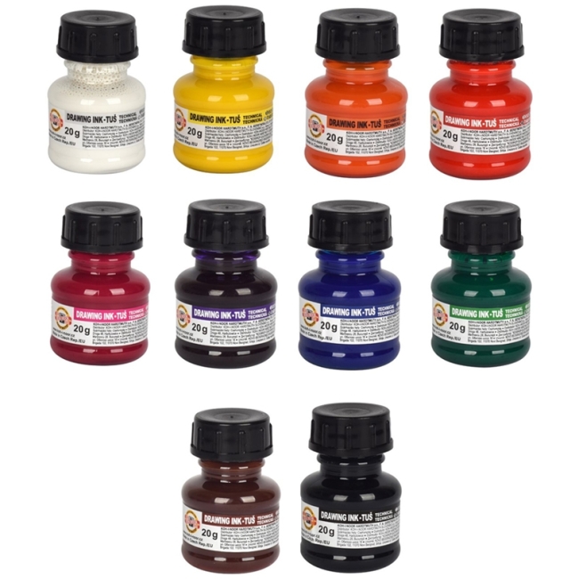 Тушь акриловая плакатная Koh-I-Noor, 20гр, 10цв, флакон в картон упак. Тушь акриловая плакатная Koh-I-Noor, 20гр, 10цв, флакон в картон упак.